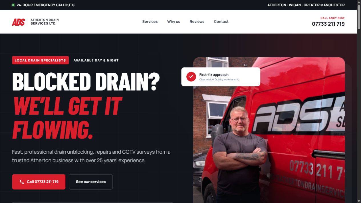 Atherton Drain Services homepage concept